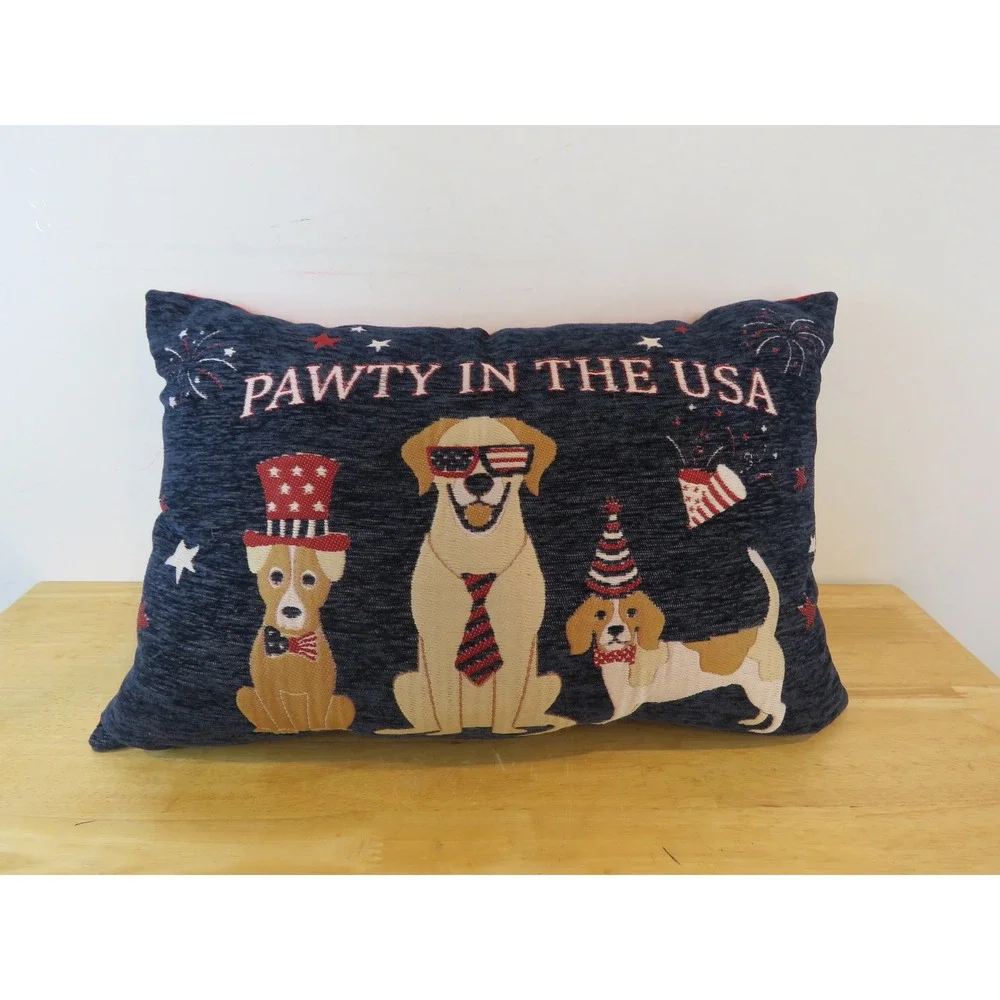 Pawty In The USA Patriotic Fourth of July Dog Lumbar Throw Pillow Navy Red
